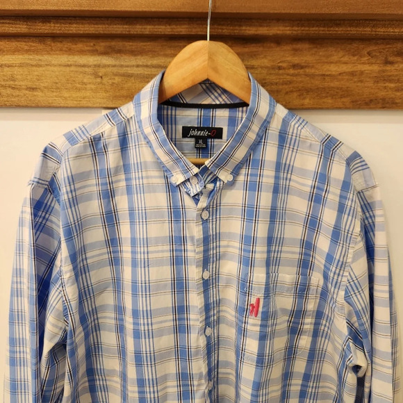 Johnnie O Shirt Mens XL Blue White Plaid Button Down West Coast Prep Surfer - Picture 2 of 14